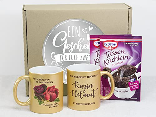 GRAZDesign Tasse Goldene Hochzeit, personalisiertes Geschenk zur Hochzeitstag 50 Jahre, Geschenkset mit Spruch und Rosen, Keramik 330ml