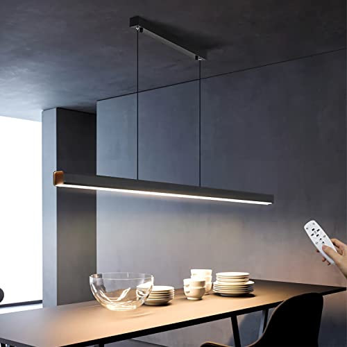 LED Pendelleuchte Dimmbare Schwarz Langer Streifen Esstisch Hängeleuchte mit Fernbedienung Moderne linear Design höhenverstellbar Kronleuchter Lampe für Bar Esszimmer Sekretariat Küche 60W /150cm