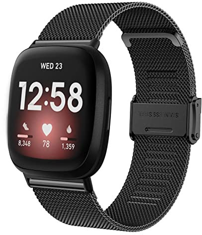 Songsier Fitbit Versa 3 Armband - Edelstahl Metall Ersatzband für Damen und Herren - Klassische Schnalle für Fitbit Versa 4, Sense 2, Sense
