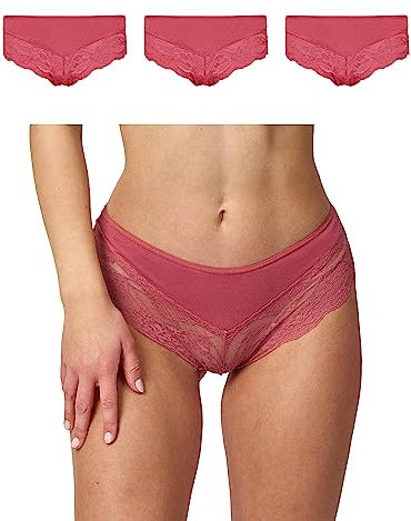 Snocks 3er Pack Hipster Lace - Damen Baumwolle Panties mit Spitze - Unterhose Damen Slip - Gr. L - Farbe Mauve