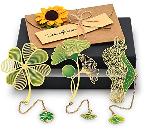 Eucomir Metall Lesezeichen Anhänger Lesezeichen, 3 teiliges Lesezeichen in Blatt und Blumenform, Spezielles Lesezeichen Set ist ein Praktisches und Kreatives Geschenk für Freunde,Grün