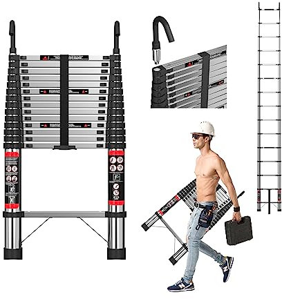 4,4m Teleskopleiter Ausziehleiter mit Abnehmbarem Haken Hochwertiger Edelstahl Tragbare Leiter für Wohnmobil/Dachboden/Büro/Warenhaus Mehrzweckleiter