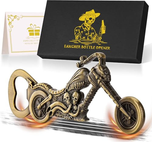 LKKCHER Cadeaux Personnalisés Moto bière pour Homme, Ouvre-bouteille Moto, Cadeaux Tête de Mort, Cadeau Fête des Pères, Cadeau de Noël Cadeau d'anniversaire Moto pour Homme Papa Mari Fils Lui, Bronze