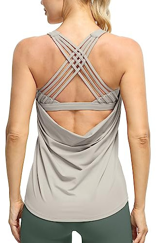 icyzone Damen Sport Top mit Integriertem BH Yoga Oberteile Sport Fitness Shirt 2 in 1 Gym Tank Top (L, Natural Grey)