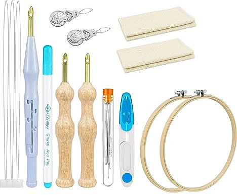 BDHI Punch Needle Embroidery Kits Wooden Handle Punch Needle Rug Hooking Tool Complete Set Embroidery Pens Cloth, Big Eye Needles Threader for DIY Craft, Cross Stitching Beginners(Y213-1)