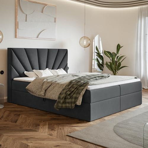MOTIVENA Aspen Boxspringbett 180x200 mit Bettkasten und Topper, Polsterbett 180x200 mit Bettkasten, Taschenfederkern-Matratze (H3), T28 Komfortschaumstoff Topper (H3), Samt, Grau (Anthrazit)
