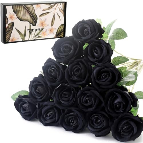 Cloudecor 15Pcs Small Fake Roses Velet Roses Long Stem Artificial Flowers Silk Flowers for Home Wedding Decoration (Pearl Roses,Black)