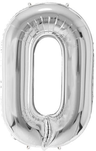 FUNFEST Globos Cumpleaños N°0 Color Plata 100cm - Decoración Globos Cumpleaños - Incluye Globo N°0 XL y Pajita - Moscas con Helio - Globo Reutilizable