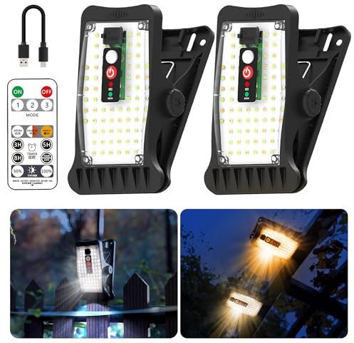 sunlight encounter Solar Motion Sensor Clip Light Outdoor with 3 Colors, Remote Control, USB, 70 LED & 3 Modes, 2 Pack IP64 Waterproof Security Lights for