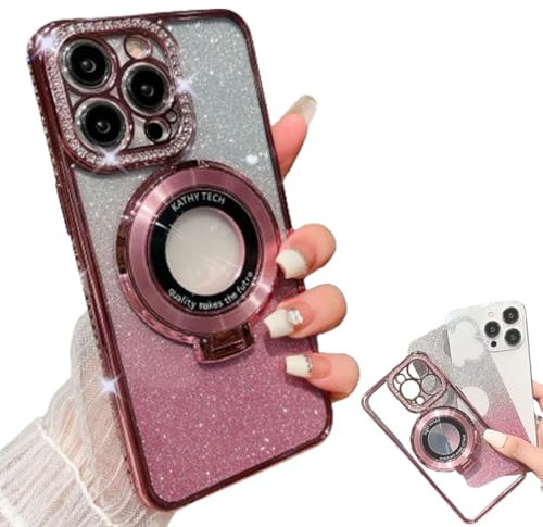 GLIART Glitter Rhinestones Magnetic for iPhone Case with Invisible Stand, Ultra Thin Gradient with Lens Protection Phone Case for iPhone 12 13 14 15 Pro Max (Pink,for iPhone15)