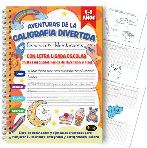 Finoly Cuaderno Caligrafía Divertida con Pauta Montessori de 5 a 8 Años | | Cuaderno Caligrafía Infantil | Libro Caligrafía Letra Ligada Escolar para Mejorar Escritura Compresión Lectora y Ortografía