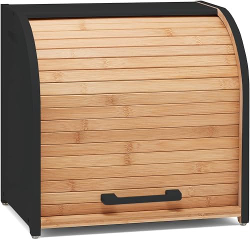 Homefully Co Bamboo Double Layer Bread Box for Kitchen Countertop, Roll Top Wood, Extra Large Kitchen Storage, Modern Wooden Bin (Black), BB638