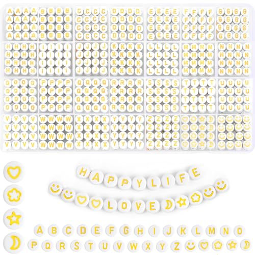 HOLDLEAF 2000 Stück Gold Alphabet Perlen,7mm Buchstabenperlen zum Auffädeln,Rund Buchstaben Perlen für Armbänder,Buchstabenperlen A-Z und Smiley Herz Perlen für Armbänder Halsketten Schmuck DIY
