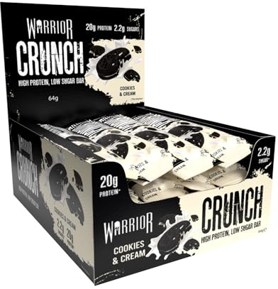 Warrior Crunch Protein Bars, Cookies and Cream 12 x 64g – High Protein Snacks (20g), Low Sugar, Low Calorie Snack Bar, Guilt-Free On-the-Go Treats, Multipack Diet Bars for Weight Loss