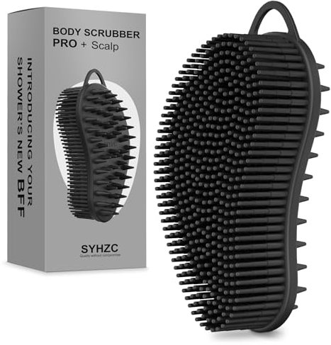 SYHZC Limpiador corporal de silicona exfoliante Pro 2 en 1 para cuerpo, esponja de baño de silicona y masajeador de cuero cabelludo (negro)