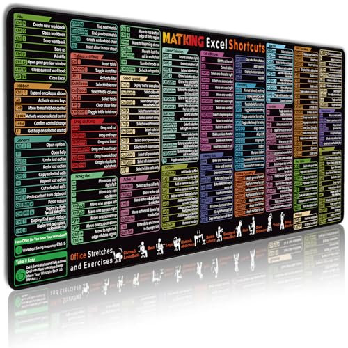 MATKING Excel Shortcuts Mouse Mat Large, XXL Gaming Mouse Pad with Seamed Edges, Waterproof Computer Office Shortcuts Desk Mat with Non-Slip Rubber Base, Cheat Keyboard Mat(900x400x3 MM)