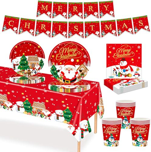 MORAINJAY 70Pcs Christmas Paper Party Tableware Set,Xmas Santa Snowman Print Table Decoration with Paper Cups,Banner,Tablecloth,Paper Plates and Napkins for Christmas Eve Home Party Favors Supplies