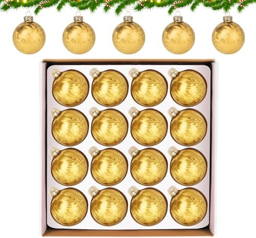 Hengsong Weihnachtskugeln Glas Gold,16er Christbaumkugeln Glas,Weihnachtskugeln Gold Set für Weihnachtsbaumschmuck&Christbaumschmuck&Christbaumkugeln,mit Federmotiv,6cm