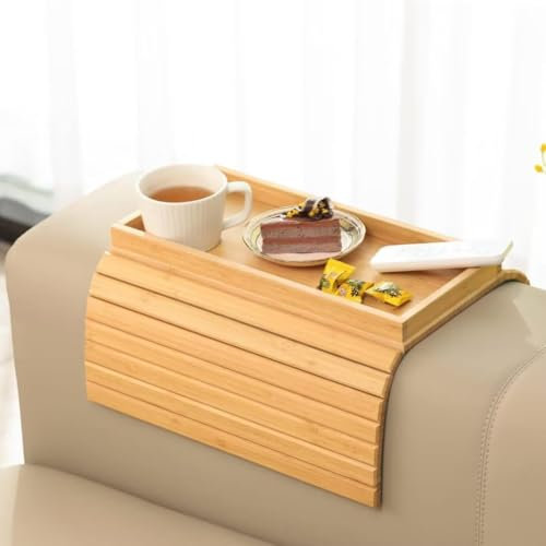 Natural Bamboo Sofa Arm Tray, Sofatablett, Sofa Tray Table for Couch, Faltbarer Anti Rutsch Couch Arm Tisch, Sofa Side Table for Snacks, Phone,Control, Cups, Keine Installation