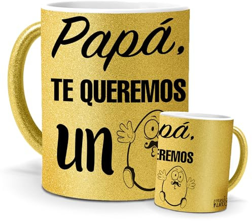 mundohuevo Taza Papá | Taza Papá, Te Queremos un Huevo | Idea de Regalo Día del Padre | Te quiero Papá | Detalles Divertidos y Especiales Navidad | Tazas Purpurina Oro | Café y Té | Cerámica | 350 ML