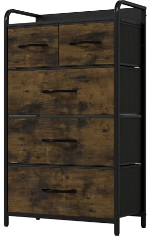 YITAHOME Kommode,Kommode mit 5 Schubladen,Schrank,Stoffschubladen mit Griffen,Kommodenschrank mit Stabiler Stahlrahmen,Dauerhaft,Rustikal Braun