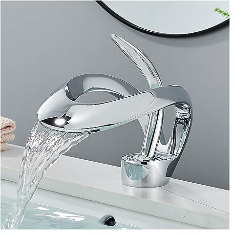 JMRTQMEC Schwarzer Waschbecken-Wasserhahn, Wasserfall-Waschtisch-Wasserhahn, Griff-Mischbatterie, Heiß-Kaltwasser-Kran for Badezimmer, Waschbecken-Wasserhahn(Chrome)