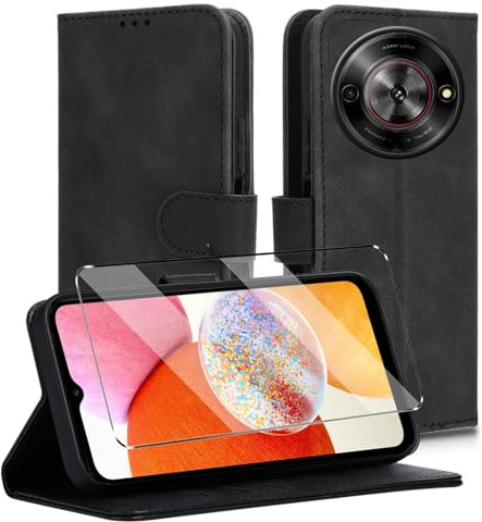 HuiYouMY Cover e Vetrino Compatible with ZTE Blade A75 5G Premium Pelle PU Flip Libro Custodia Cover Antiurto Piu Vetro temperato Pellicola Protettiva,[Slot per Scheda] [Funzione di Supporto] Nero