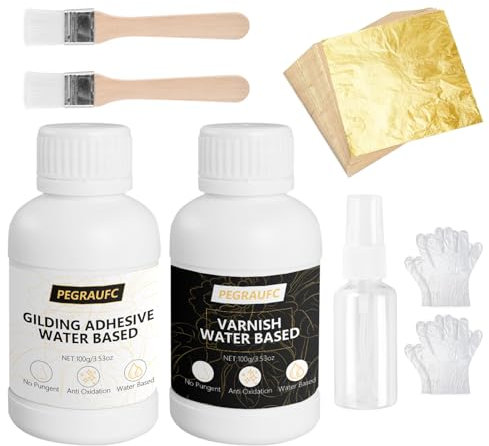 Juego de pegamento de hoja de oro, juego de pegamento para manualidades, 100 unidades, hojas de imitación doradas, base de agua, pincel y botella pulverizadora, versátil para decoración y