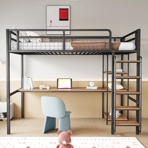 FAYICIC Metall-Hochbett, 90x200 cm, Sicherheitsleiter mit Treppenstufen, Einzelbett, Kinderbett mit Tisch und Regalen, Metallgitter-Sicherheitszaun (Schwarz)