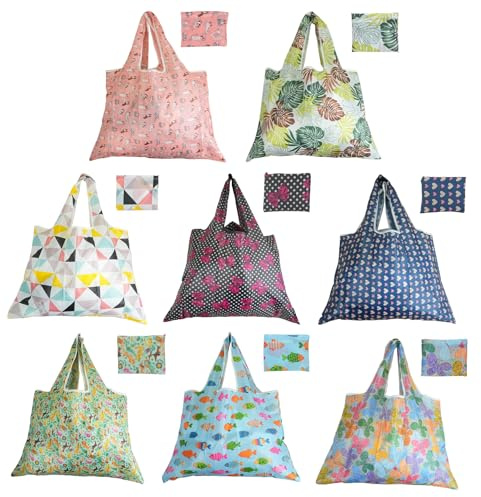 QZDAFFIC 8 Stück Einkaufstasche Faltbar Notabag Shopping, 66cm x 58cm Shopper Tasche Damen Groß Niedliche Strandtasche Wiederverwendbare, Haltbare Waschbare Shopper Taschen für Lebensmittel Lagerung