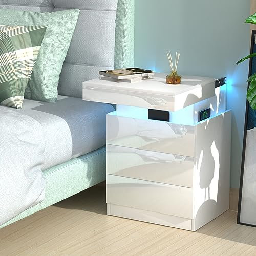 Lvhcmfohm Nachttisch LED mit Steckdose(2 AC-Steckdosen & 2 USB-Anschlüsse), Nachtschrank mit Led Licht, Nachtkommode mit 3 Schubladen und Versteckte Schiebeschränke für Wohnzimmer (Weiß, 45x40x67cm)