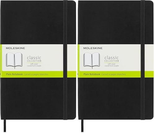 Moleskine Klassisches Notizbuch, Notizbuch mit Weißen Seiten, Weicher Einband und Elastischer Verschluss, Großes Format 13 x 21 cm, Farbe Schwarz, 192 Seiten (Packung mit 2)