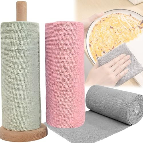 CXAFQ 3 Rolls Of Reusable Kitchen Cloths, 25 * 25cm, 60 Sheets In Total, Gray, Pink, Green, Both Dry And Wet Use, Microfibre Cloth Roll, Suitable For Cleaning Kitchen, Tableware, Fruits Vegetables