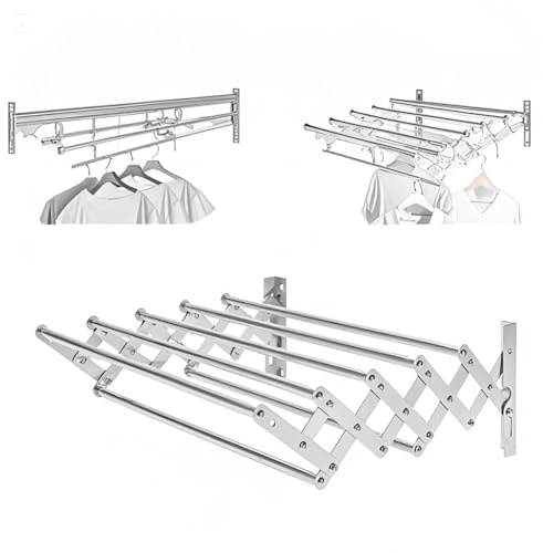 WINPANG Wandmontierte Wäschespinne Ausziehbar, 7 Trockenstangen 201 Edelstahl Silber Für Balkon Badezimmer Schlafzimmer Wohnung Kleiderschrank​