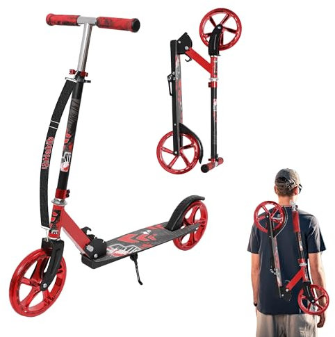 Habib Gruppe Kickroller mit Glänzenden XXL Rädern – Klappbar, 4-Stufig Höhenverstellbar, bis 80kg Belastbar, Tretroller Kickscooter Cityroller für Groß und Klein (Rot)