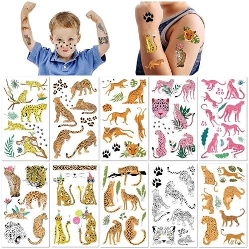 10 Feuilles Tatouages Temporaires Résistants à l'Eau pour Enfants Léopard Animal Cartoon Mignon Autocollants Tatouages Guépard Faux Tatouages Sûrs et Faciles à Appliquer Longue Durée