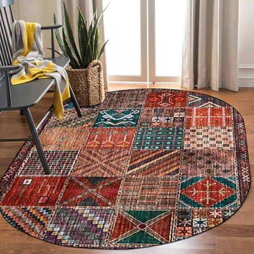 QJDTZMD Teppich rutschfest 160 x 180 cm Teppiche Waschbar Kurzflor für Wohnzimmer Schlafzimmer Bettvorleger Küche Flur Waschküche Retro Ethno-Stil geometrisch rot grün