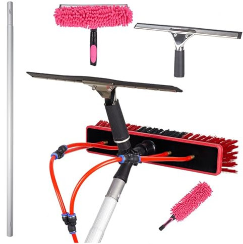 Water Fed Pole,10Metre Telescopic Extending Water Fed Window Cleaning Pole Brush,Conservatory Hose Fed Cleaner Kit,Extendable Solar Panel Brush,High Reach Window Cleaner Tool,Built Squeegee Blade