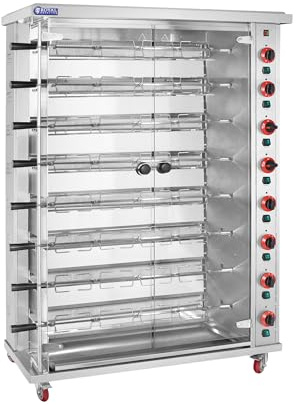 Royal Catering Hähnchengrill Gas 8 Spieße mit Beleuchtung und Rädern 8 x 5 kW Edelstahl/gehärtetes Glas Gastro-Hähnchengrill