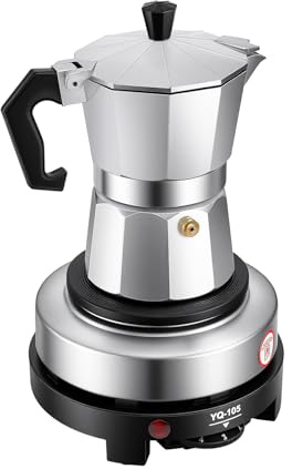 Jerool 500-W-Einzelkochplatte & 3-Tassen-Mokka-Kanne-Espressomaschine-Kombination, Aluminium-Kochfeld-Kaffeemaschine, geeignet für Gas-, Elektro- und Ceranherde