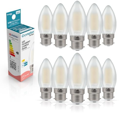 Crompton Lamps Filament Candle LED Light Bulb BC-B22d | 6.5W = 60W Equivalent | Warm White 2700K | Energy Efficient | Bayonet Lightbulb | Long Life 15,000-Hrs | Pearl Glass | Dimmable | 10-Pack