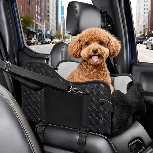Hunde Autositz für kleine Hunde, Hundesitz Auto Mittelkonsole mit Sicherheitsgurt, Verstellbarem Weichen Kissen, Tragbarer Hundebett Auto für Kleine Haustiere