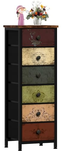 Wuynn 6-Schubladen Kommode, Vintage Aufbewahrungsschrank 40x30x116,6 cm | Vintage-Muster-Schrank mit 6 Stoffschubladen, platzsparend für Schlafzimmer, Flur oder Studentenzimmer – stabil und dekorativ
