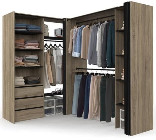 IDMarket - Ausziehbarer Eckkleiderschrank MARLON 200 x 150 x 180 cm Buche mit Kleiderschrank + Schubladen + Regalen + schwarzen Vorhängen