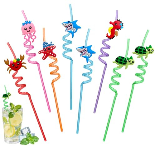 8 Pezzi Cannucce Animali Marini Riutilizzabili, Cannucce Colorate a Spirale con Scovolino, Decorazioni Festa Compleanno Oceano, Gadget Fine Festa Bambini