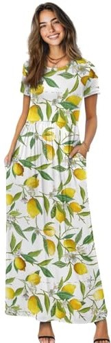 Jeiento Maxikleid für Damen, kurzärmelig, lässig, Sommer, langes Kleid, Übergröße, hohe Taille, Floyd-Cocktailkleider mit Tasche