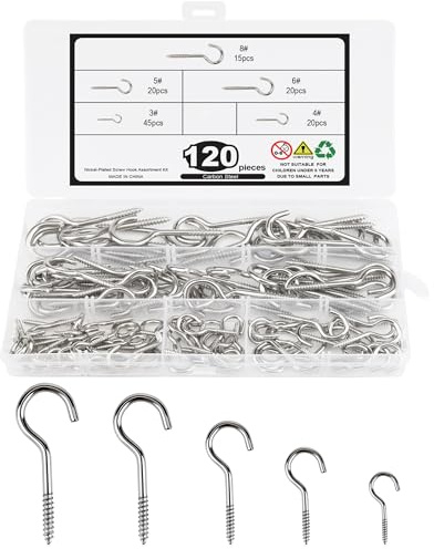 Acual 120 Pack Screw in Hooks, Silver Metal Ceiling Screw Hooks for Hanging | Screw Hooks for Hanging Plants, Cups, Utensils, Bird Houses, Wind Chimes, String Lights and for Indoor & Outdoor Use