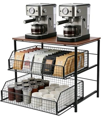 Kaffeemaschinenständer, Kaffee-Bar-Organizer, Arbeitsplatten-Station, Regal, Café-Pod-Aufbewahrung, Organizer mit 2 verschiebbaren Körben, multifunktionaler Café-Becherhalter, Präsentationsständer für