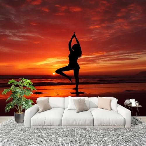 Fototapete Yoga Tapete 200 x 140 cm (WxH) Fototapeten Schlafzimmer Wohnzimmer Moderne 3D Effekt Wandtapete Blick Auf Das Meer Sonnenuntergang Vliestapete Wand Dekoration Poster Foto Tapeten w.2714