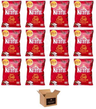 Kettle Chips Variety Flavoured Potato Crisps Snacks – Hand Cooked Thick Cut Crispy | Sea Salt, Balsamic Vinegar & more – Crunchy Vegetarian (Sweet Chilli & Sour Cream - 80g x 12Pack)